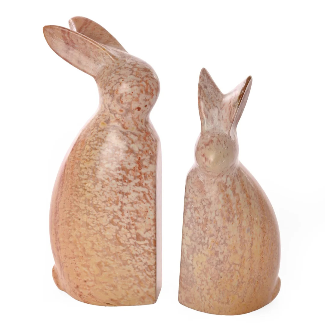 Pink Marbled Soapstone Pair of Bunny Rabbits