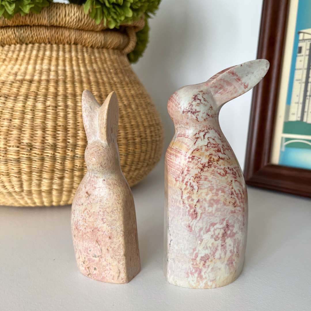 Pink Marbled Soapstone Pair of Bunny Rabbits