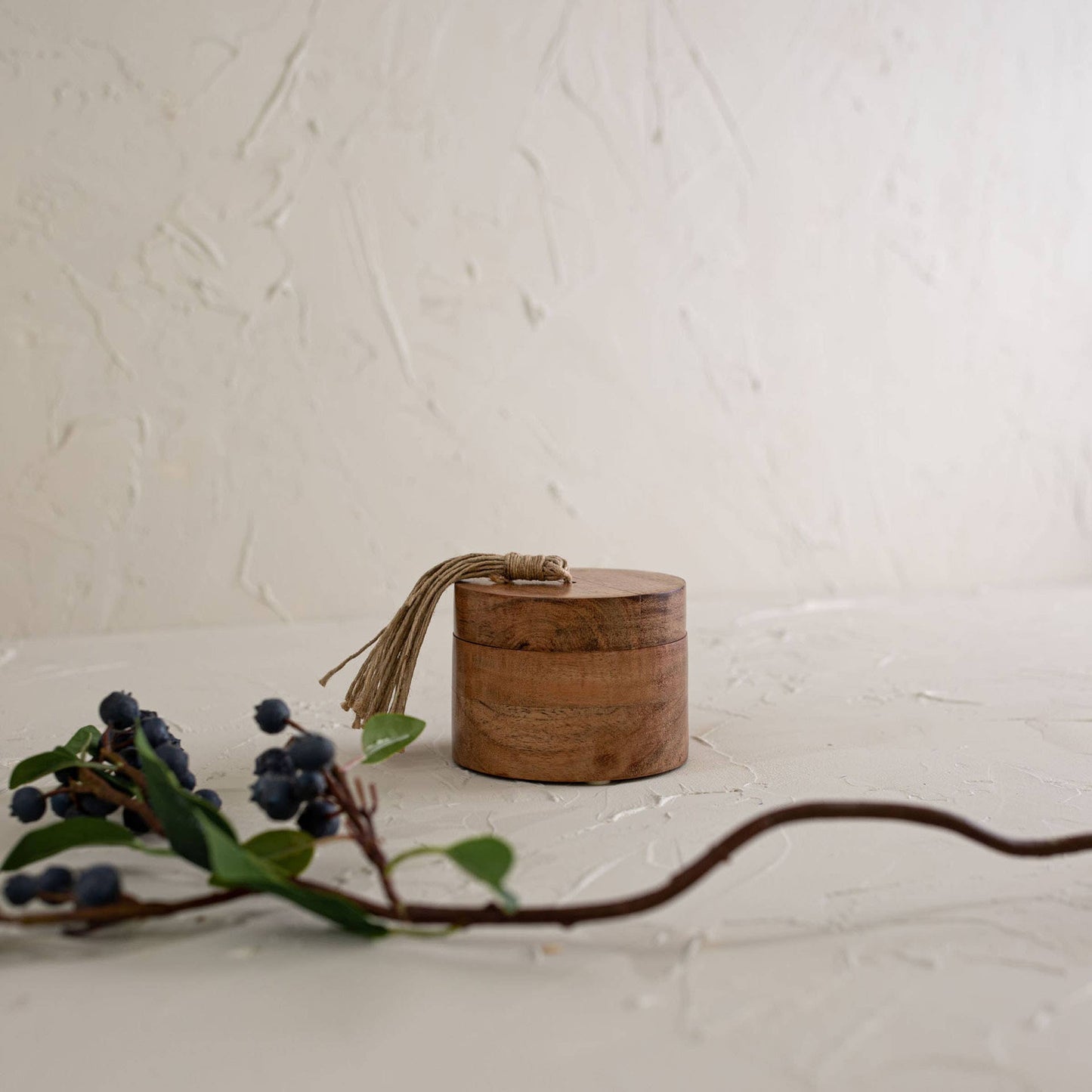 Handcrafted Acacia Wood Salt Cellar with Jute Tassel