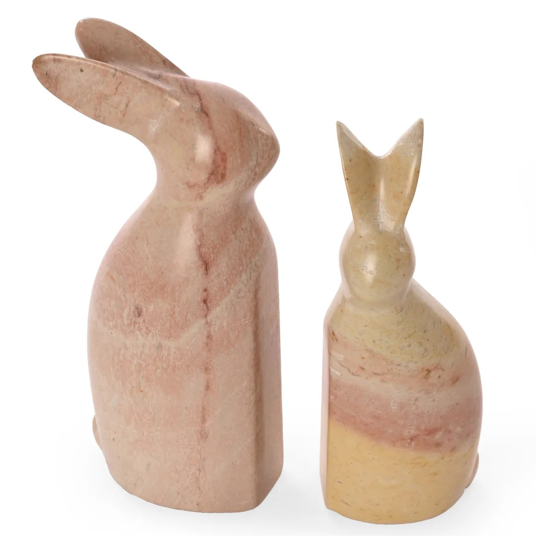 Pink Marbled Soapstone Pair of Bunny Rabbits