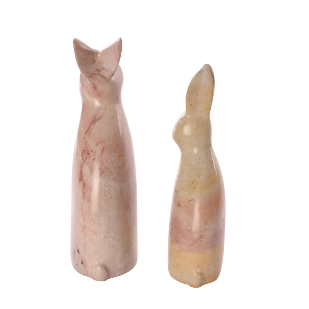 Pink Marbled Soapstone Pair of Bunny Rabbits