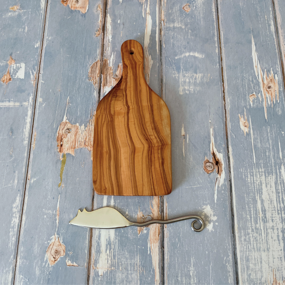 Olive Wood Mini Paddle Board with Mouse Cheese Spreader