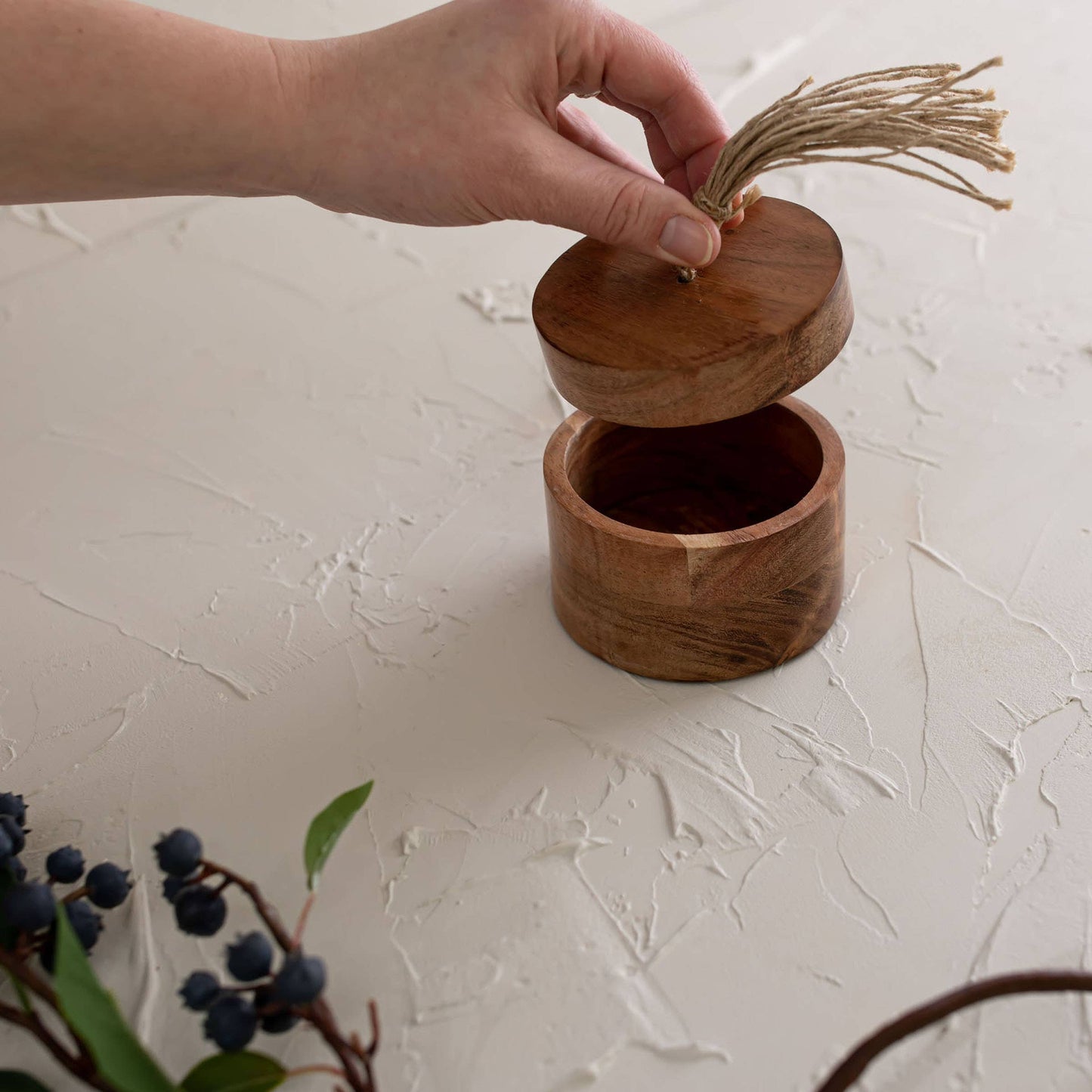 Handcrafted Acacia Wood Salt Cellar with Jute Tassel