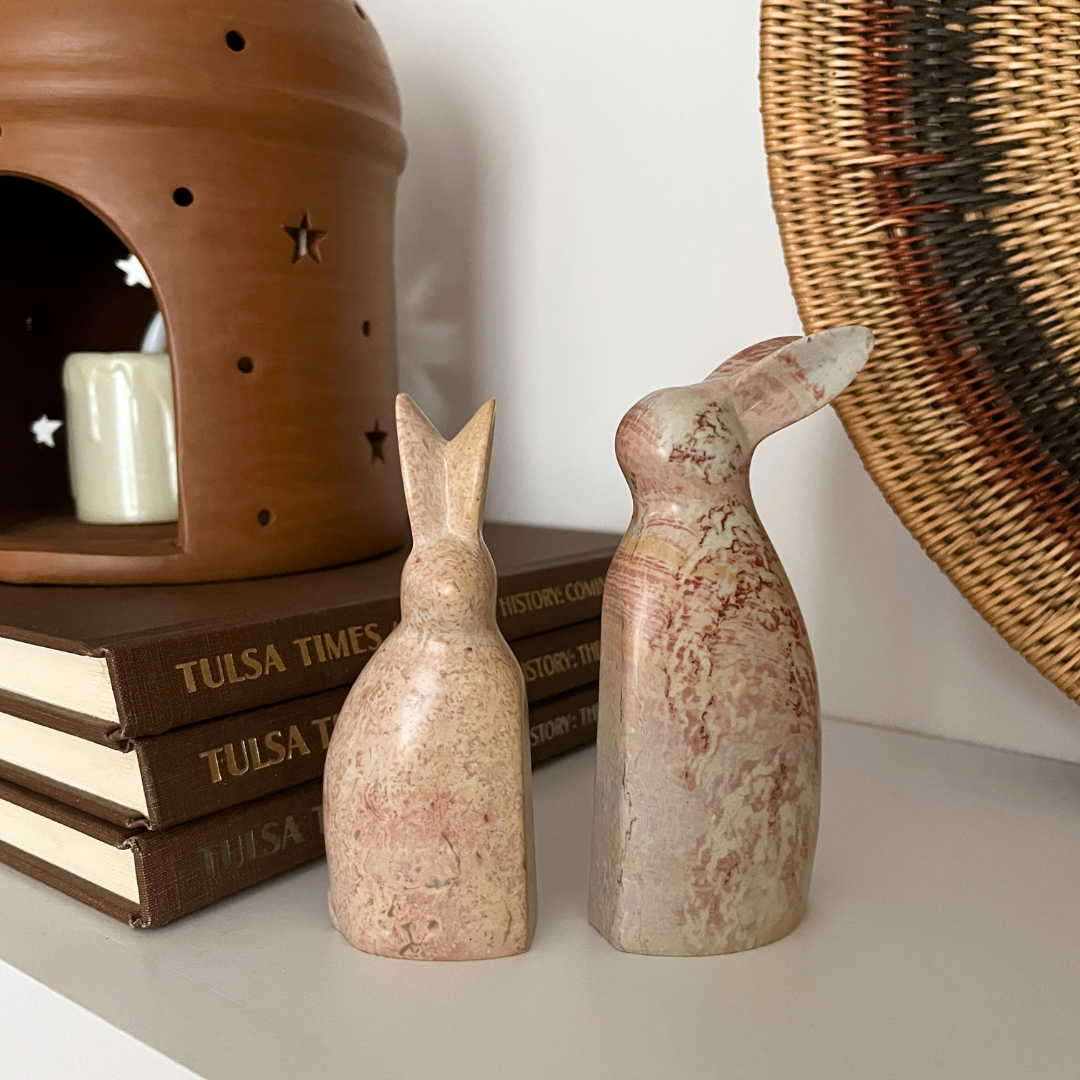 Pink Marbled Soapstone Pair of Bunny Rabbits