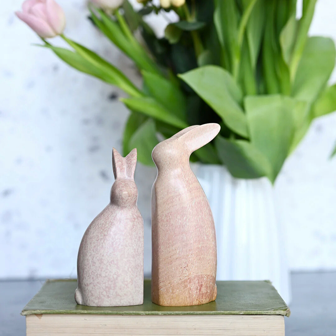 Pink Marbled Soapstone Pair of Bunny Rabbits