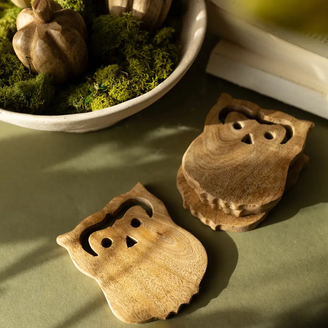 Owl Wood Coasters, Set Of 4